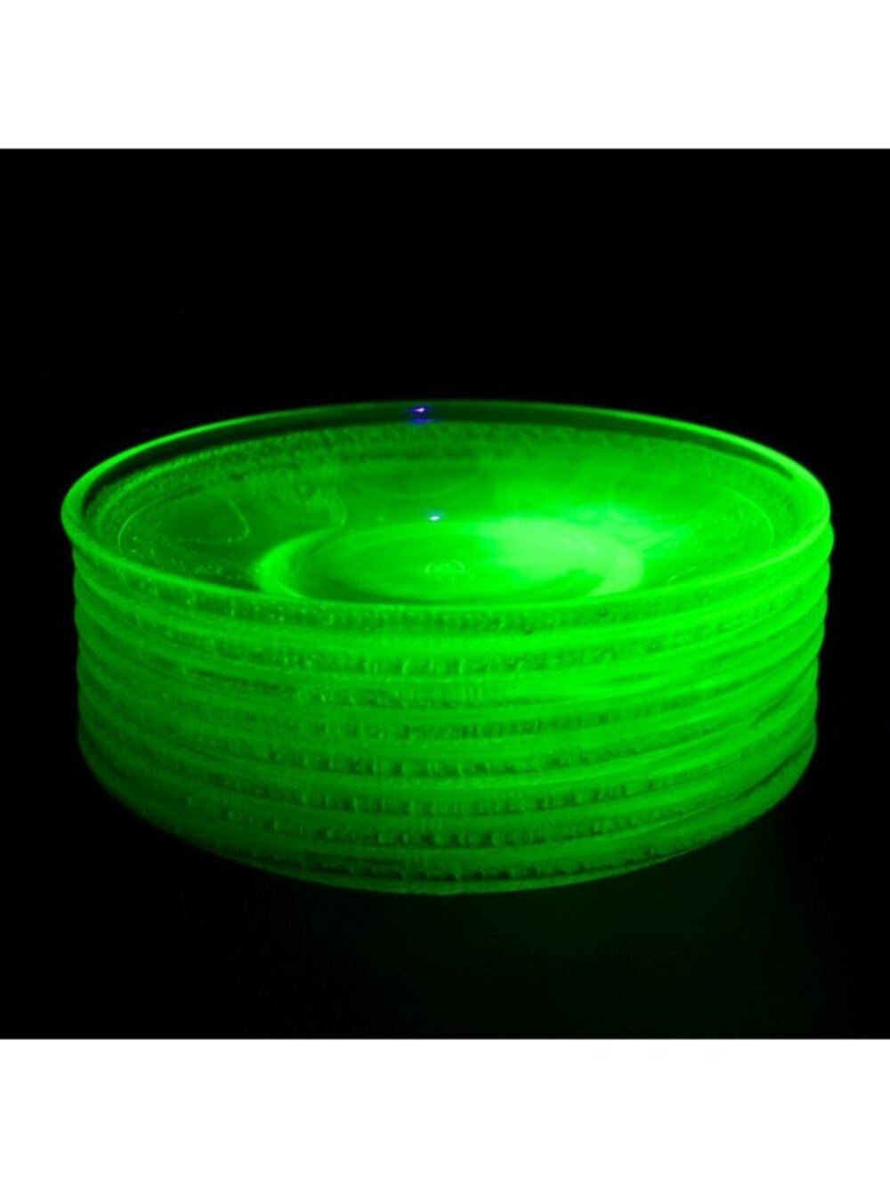 Federal Uranium Vaseline Glass Lovebirds Saucers Set of 8 Green